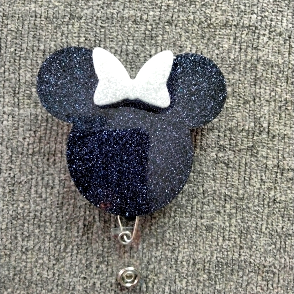 Navy blue Minnie mouse head retractable name badge reel ID holder